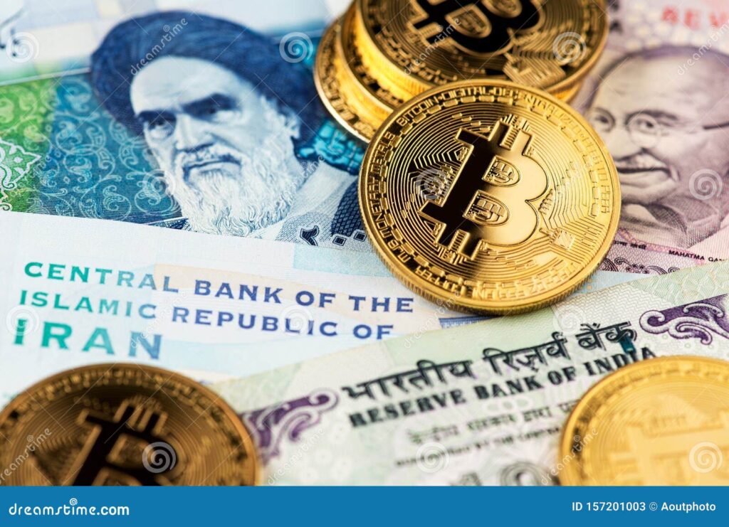 cryptocurrency bitcoin iranian rial indian rupee money btc coins banknotes close up image iran india blockchain oil 157201003