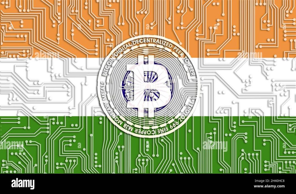flag of india and bitcoin integrated circuit board pattern bitcoin stock growth conceptual image for investors in cryptocurrency and blockchain tec 2H40HC8