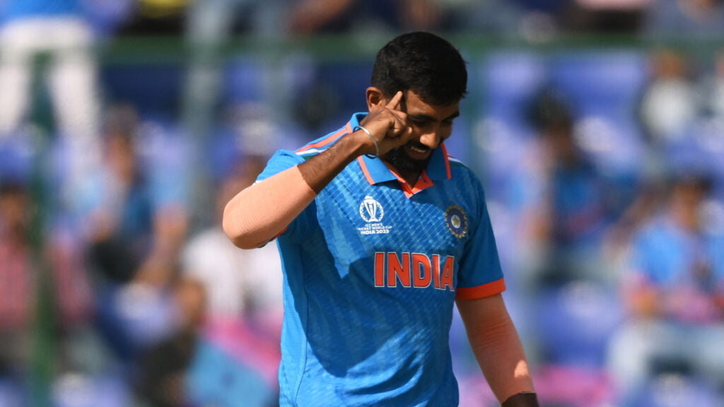 Jasprit Bumrah of India celebrates the wicket of Ibrahim Zadran of Afghanistan during the ICC Men s Cricket World Cup India 2023 between India and Afghanistan